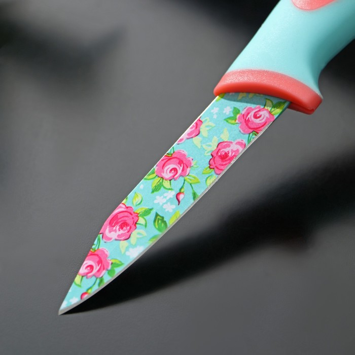 фото Нож кухонный с антиналипающим покрытием доляна «цветочки», лезвие 8 см