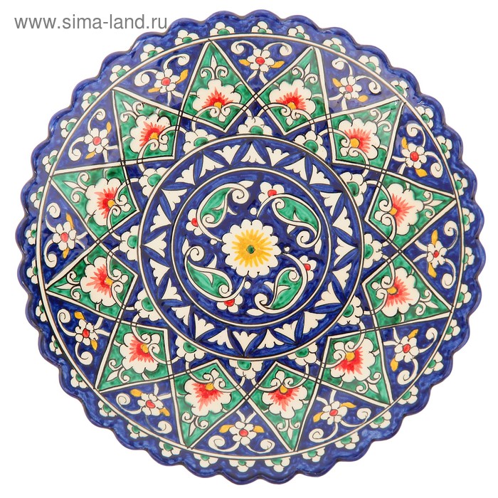 фото Тарелка риштанская керамика "цветы", синяя, рельефная, 25 см шафран