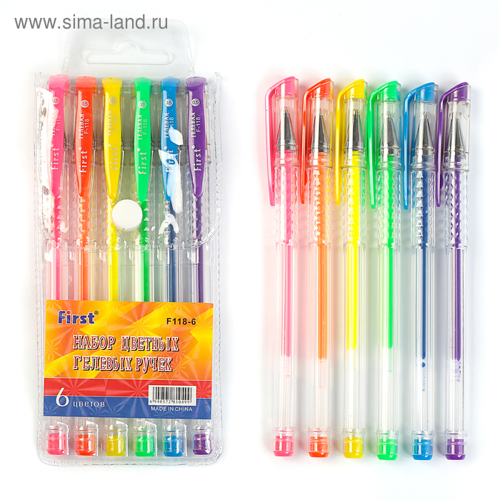 Набор гелевых ручек, 6 цветов, флуоресцентные, в блистере на кнопке