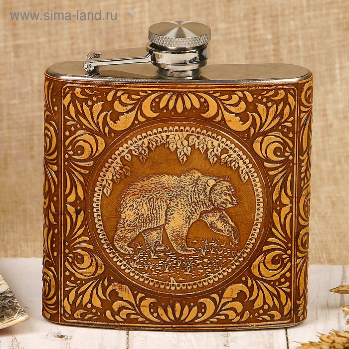 фото Фляжка «медведь», вид 1, 180 мл, металл, береста