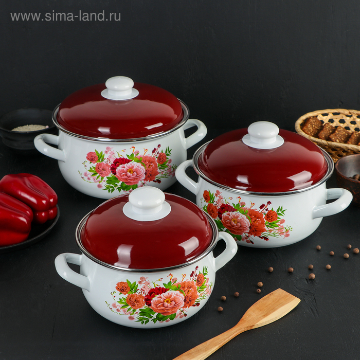 Набор кастрюль «Пионы», 3 предмета: 2 л, 3 л, 4 л, эмалированные крышки 
Набор кастрюль «Пионы», 3 предмета: 2 л, 3 л, 4 л, эмалированные крышки