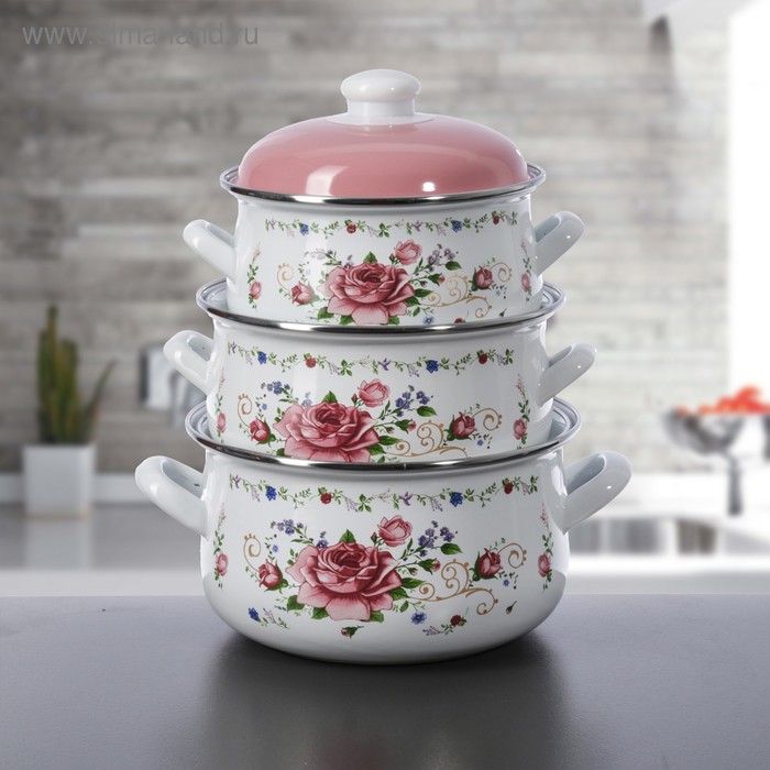 Набор кастрюль «Розовый букет», 3 предмета: 2 л, 3 л, 4 л, эмалированные крышки
Набор кастрюль «Розовый букет», 3 предмета: 2 л, 3 л, 4 л, эмалированные крышки