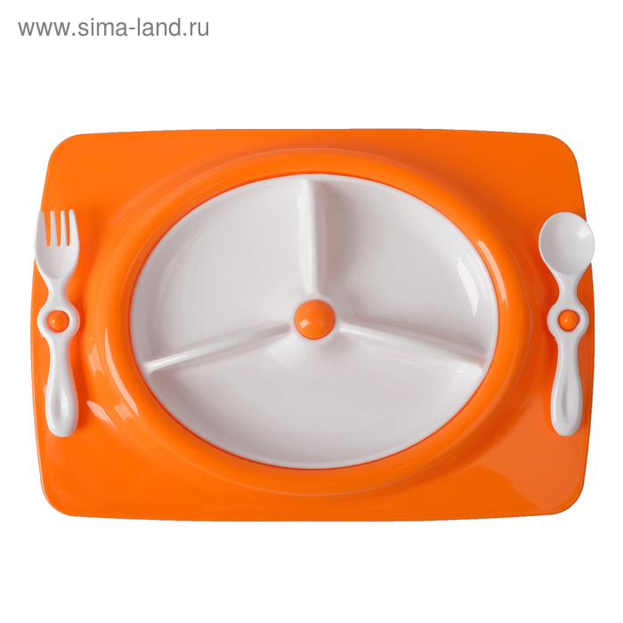 фото Набор детской посуды, 4 предмета: тарелка трёхсекционная, подставка, ложка, вилка, от 5 мес., цвет оранжевый mum&baby