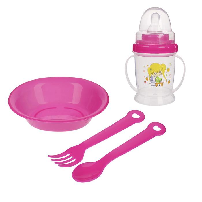 фото Набор детской посуды, 4 предмета: миска, ложка, вилка, бутылочка 200 мл, цвета микс крошка я