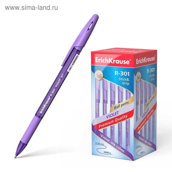 фото Ручка шариковая erich krause r-301 violet stick & grip, узел 0.7 мм, чернила фиолетовые, резиновый упор, длина линии письма 2000 метров erichkrause