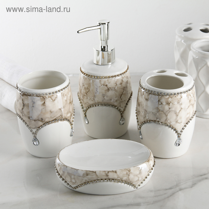 Набор аксессуаров для ванной комнаты «Мраморные капли», 4 предмета (дозатор 490 мл, мыльница, 2 стакана), цвет бежевый 
Набор аксессуаров для ванной комнаты «Мраморные капли», 4 предмета (дозатор 490 мл, мыльница, 2 стакана), цвет бежевый