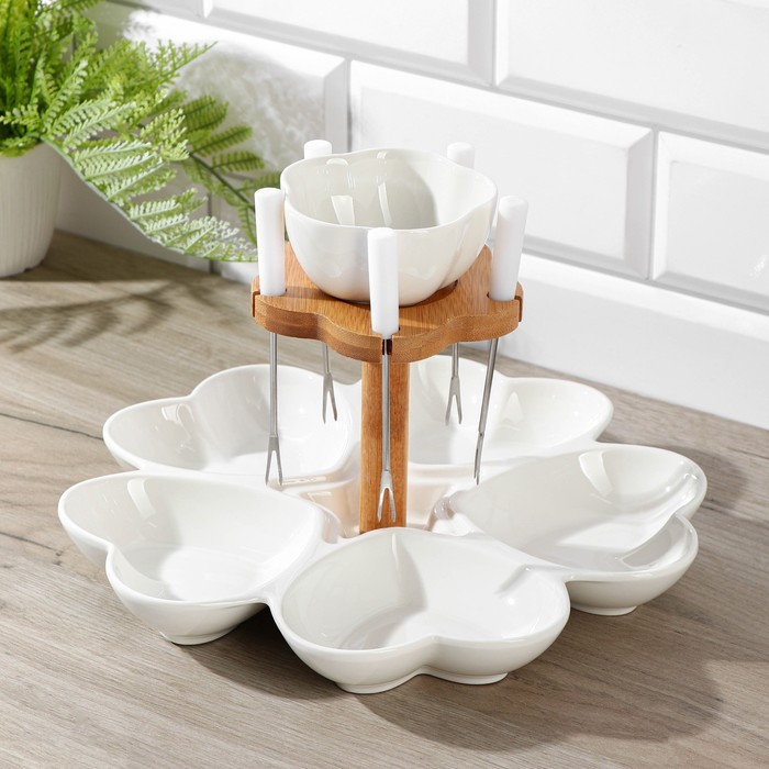 Менажница керамическая 2-х ярусная «Эстет», 5 ячеек 150 мл, соусник 200 мл, 5 шпажек
Менажница керамическая 2-х ярусная «Эстет», 5 ячеек 150 мл, соусник 200 мл, 5 шпажек