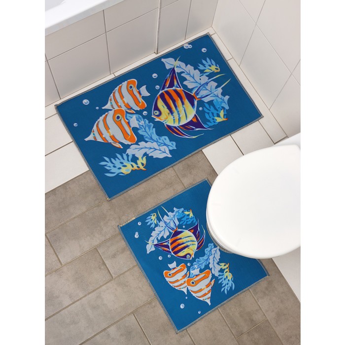 фото Набор ковриков для ванной и туалета доляна «подводный мир», 2 шт, 45×48, 58×78 см