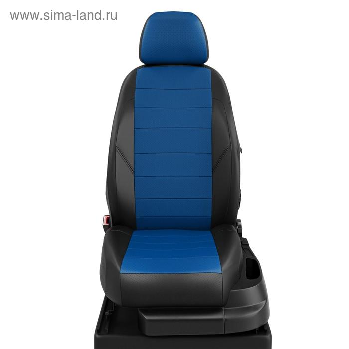 фото Авточехлы для renault sandero с 2014-н.в. хэтчбек задние спинка и сиденье единые, 4-подголовника. (без air-bag передние сиденья), экокожа, сине-чёрная автолидер №1
