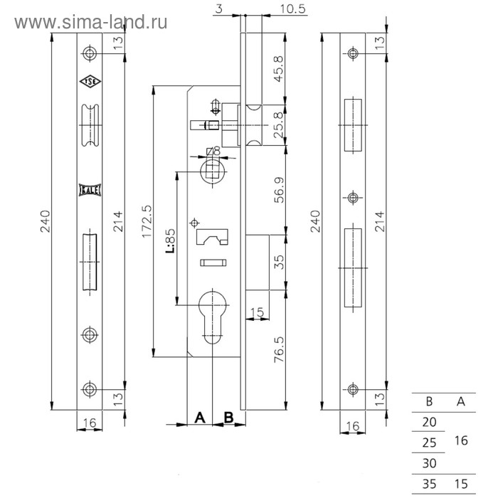 фото Замок врезной, kale153/p w/b, 25 мм, под ц/м, узкопроф., цвет хром kale kilit