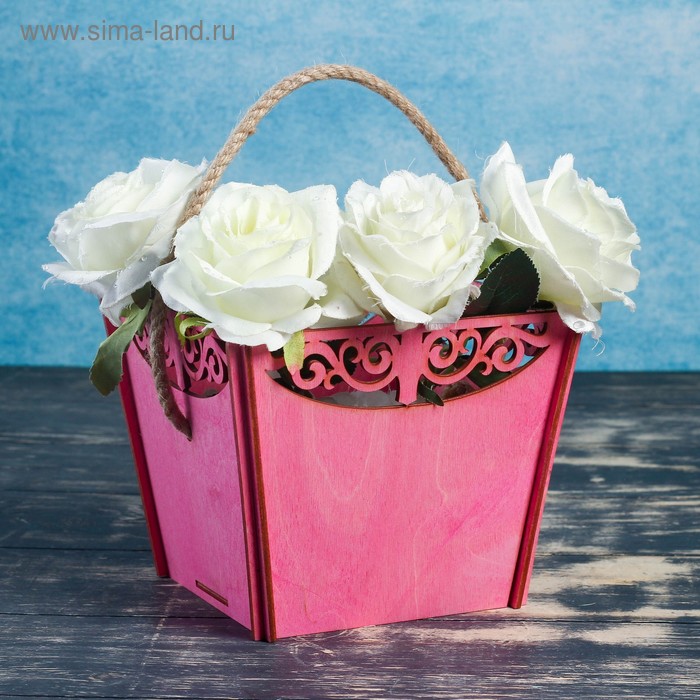фото Кашпо деревянное 17.9×14.2×17.3 см "корзина счастья", ручка верёвка, розовый