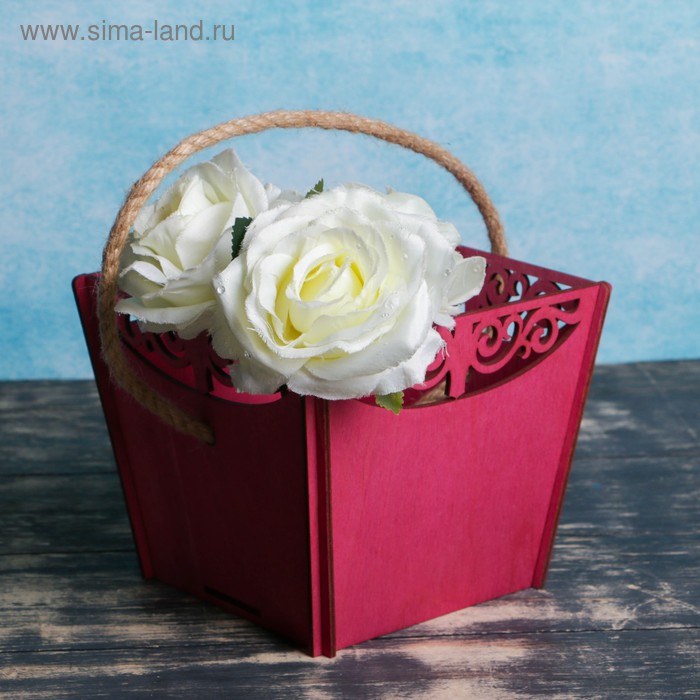 фото Кашпо деревянное 17.9×17.3×14.2 см "корзина счастья", ручка верёвка, бордовый