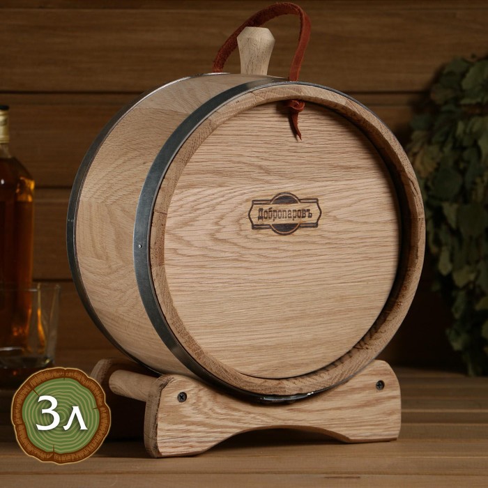 фото Бочка дубовая на подставке с ручкой "фляга", 3л, нержавеющий обруч