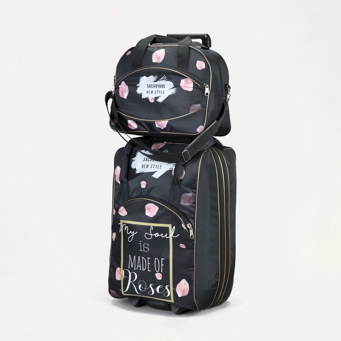 фото Чемодан малый 20" с сумкой, отдел на молнии, наружный карман, с расширением, цвет чёрный sacvoyage