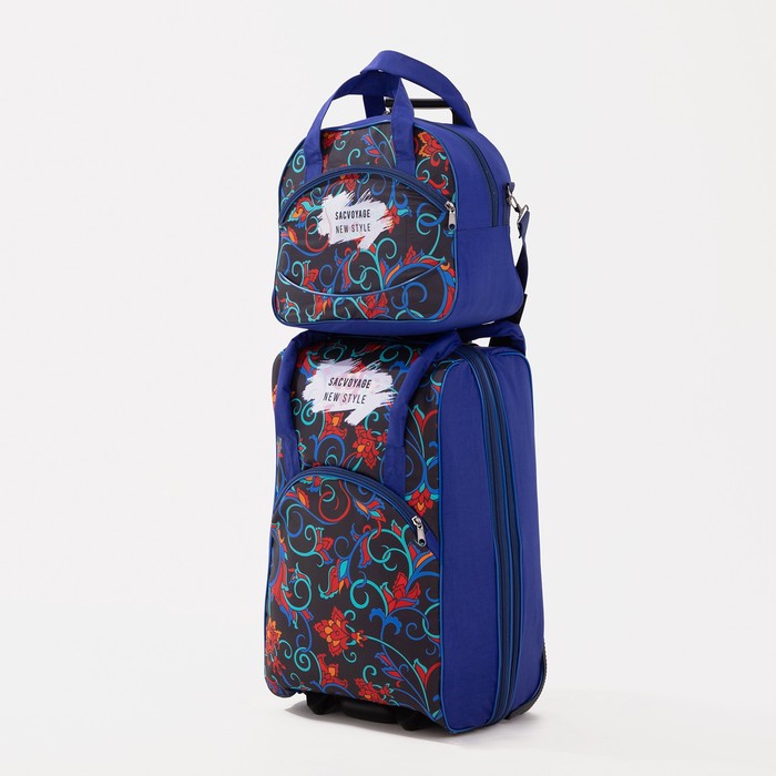 фото Чемодан малый 20" с сумкой, отдел на молнии, наружный карман, с расширением, цвет синий sacvoyage