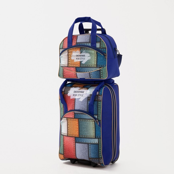 фото Чемодан малый 20" с сумкой, отдел на молнии, наружный карман, с расширением, цвет синий sacvoyage