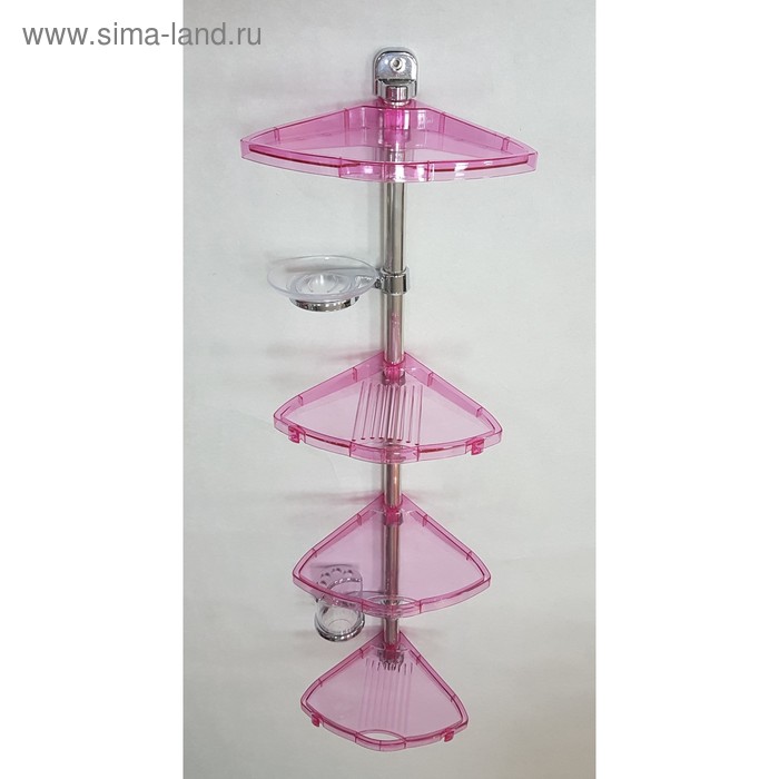 фото Угловая полка, алюминиевая трубка, 4 полки, мыльница и стакан, цвет прозрачно-розовый primanova