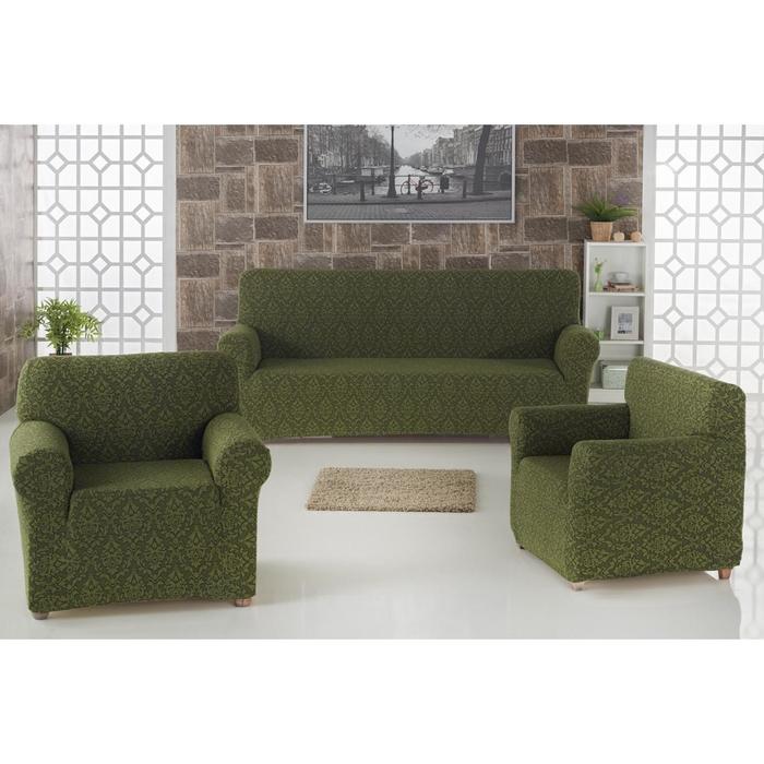 фото Набор чехлов для дивана и кресел milano, 3 - х предметный, зелёный karna