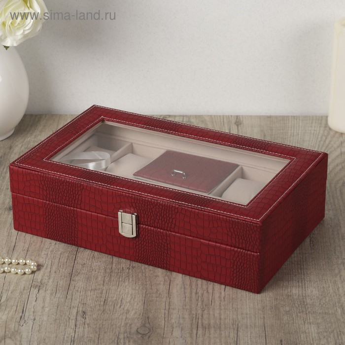 Шкатулка кожзам под часы 8 отделений и бижутерию "Рептилия красная" матовая 9,5х33х20 см
Шкатулка кожзам под часы 8 отделений и бижутерию "Рептилия красная" матовая 9,5х33х20 см