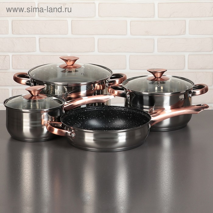 Набор посуды «Злата», 4 предмета: кастрюли 3,6/6,1 л, ковш 1,9 л, сотейник d=24 см, антипригарное покрытие, капсульное дно, стеклянные крышки
Набор посуды «Злата», 4 предмета: кастрюли 3,6/6,1 л, ковш 1,9 л, сотейник d=24 см, антипригарное покрытие, капсульное дно, стеклянные крышки