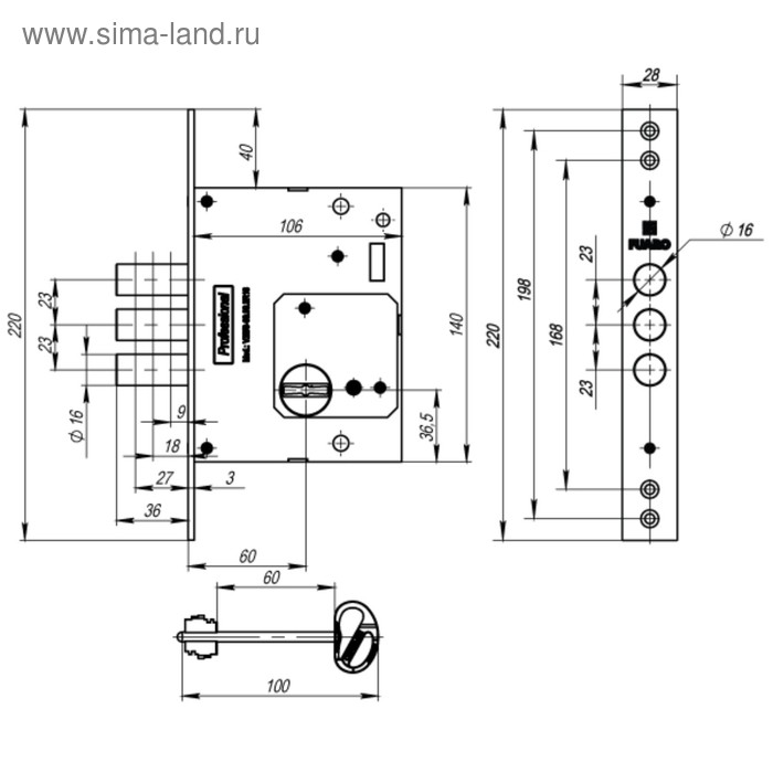 фото Замок врезной fuaro v25/s-60.00.3r16, сувальдный, 4 ключа