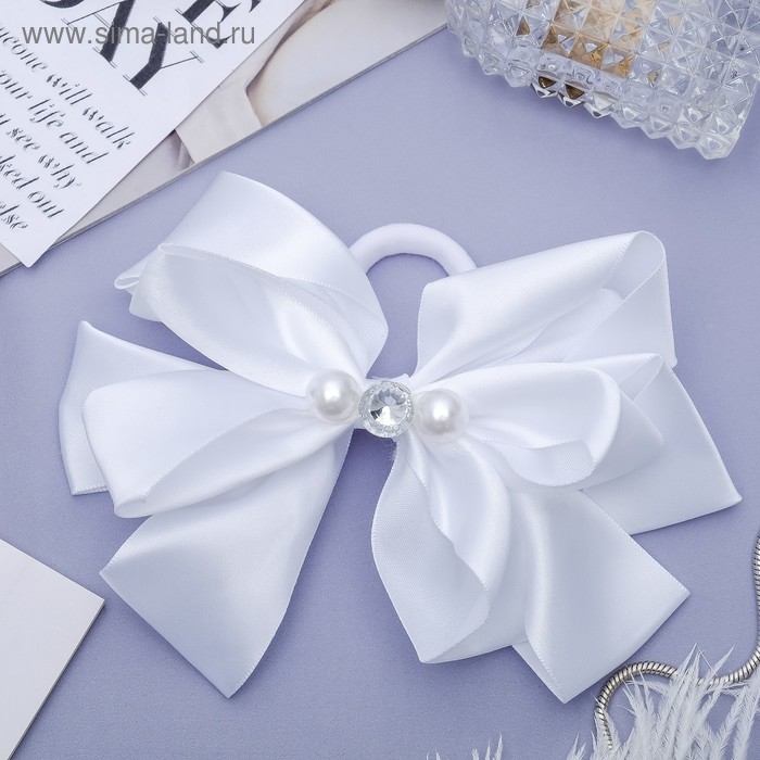 фото Резинка для волос бант "школьница" 13 см, жемчужины и страз, белый