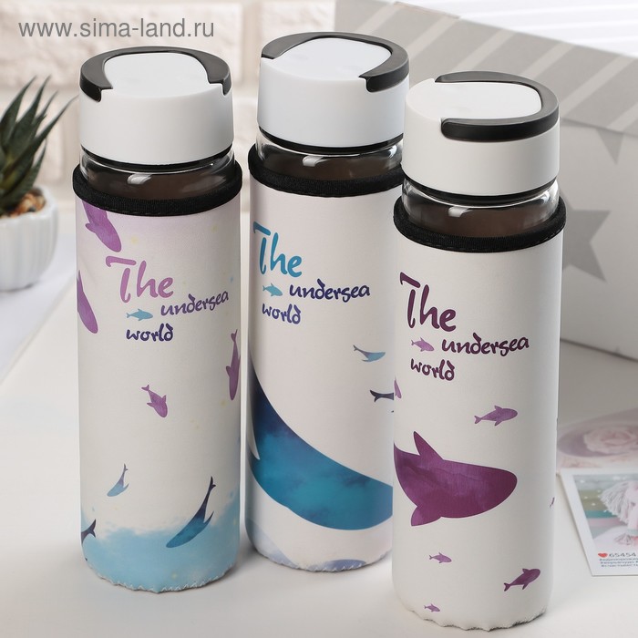 фото Бутылка для воды стеклянная с ручкой в чехле «кит», 500 мл, h=23,5 см, рисунок микс