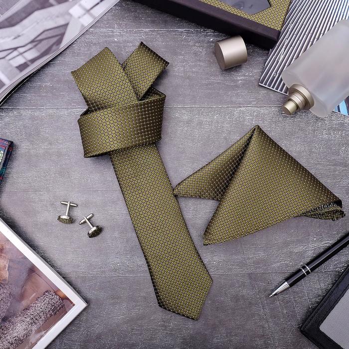 фото Набор мужской "элит" галстук 145*5см самовяз, платок, запонки, клетка мелкая, цвет оливковый