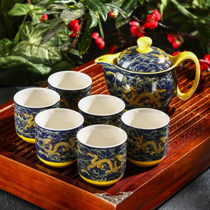 фото Набор для чайной церемонии «дракон», 7 предметов: чайник 300 мл, чашка 100 мл, цвет зелено-желтый