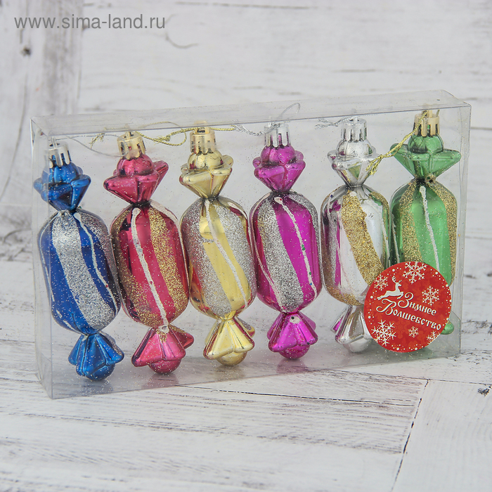 фото Украшение ёлочное "конфеты" (набор 6 шт) 3х10,5 см, микс зимнее волшебство