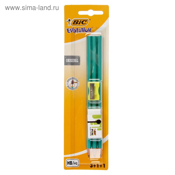 фото Набор карандашей чернографитных (простых) bic evolution, hb, 3 штуки, заточенные, пластиковые, ударопрочный грифель, шестигранных, зеленый корпус, ластик + точилка в подарок!