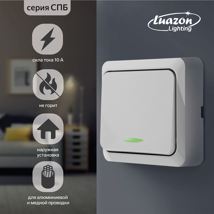 Выключатель Luazon Lighting "СПБ", 10 А, 1 клавиша, с подсветкой, белый
Выключатель Luazon Lighting "СПБ", 10 А, 1 клавиша, с подсветкой, белый