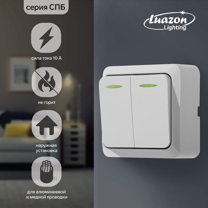 Выключатель Luazon Lighting "СПБ", 10 А, 2 клавиши, накладной, c подсветкой, белый
Выключатель Luazon Lighting "СПБ", 10 А, 2 клавиши, накладной, c подсветкой, белый