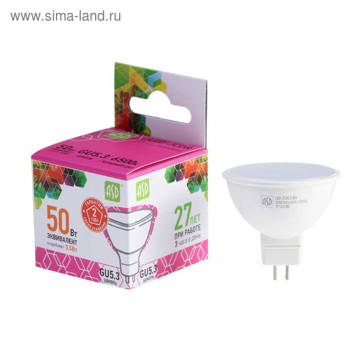 Лампа светодиодная ASD LED-JCDR-standard, GU5.3, 5.5 Вт, 230 В, 6500 К, 530 Лм 
Лампа светодиодная ASD LED-JCDR-standard, GU5.3, 5.5 Вт, 230 В, 6500 К, 530 Лм