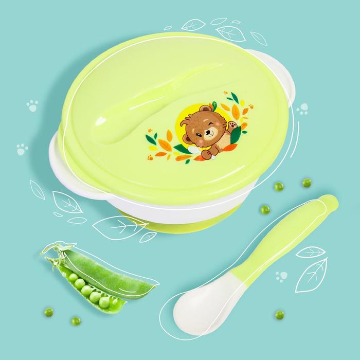 фото Набор детской посуды «друзья», 3 предмета: тарелка на присоске, крышка, ложка, цвет зелёный mum&baby