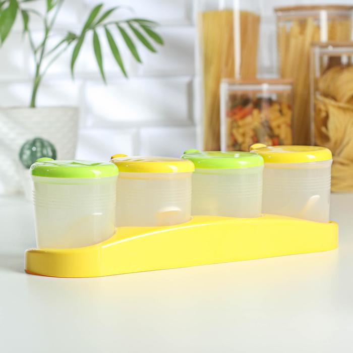 фото Набор банок для сыпучих продуктов, 340 мл, 4 шт, 31×10×22 см, на подставке, с ложками