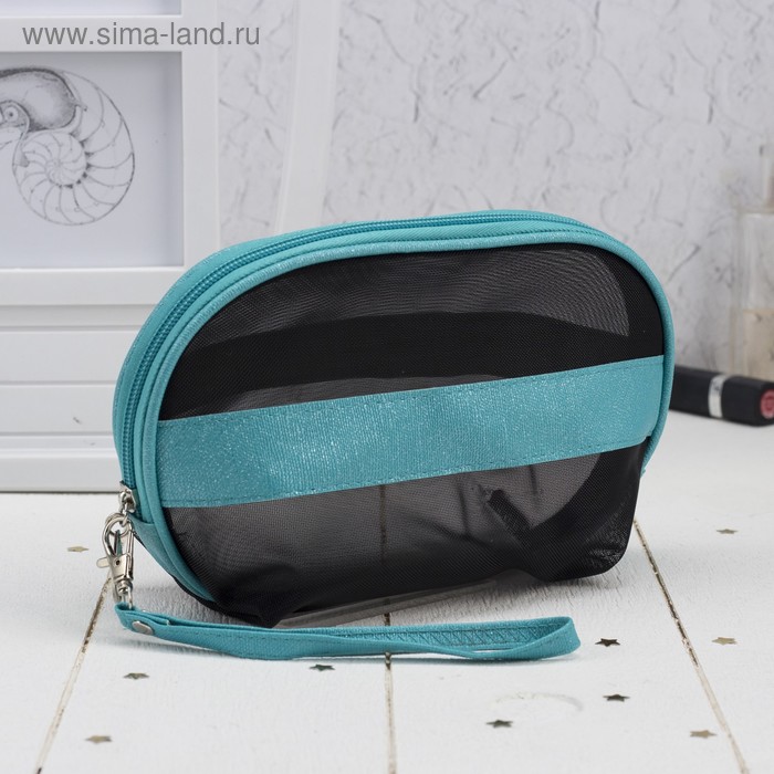 фото Косметичка-сумочка, отдел на молнии, с ручкой, цвет чёрный/бирюзовый