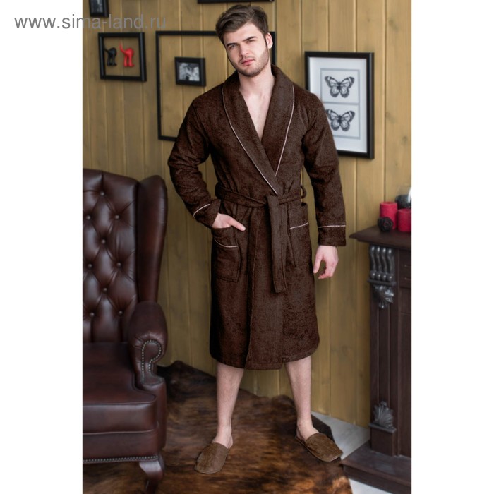 фото Халат мужской, шалька, размер 48, шоколадный, махра homeliness