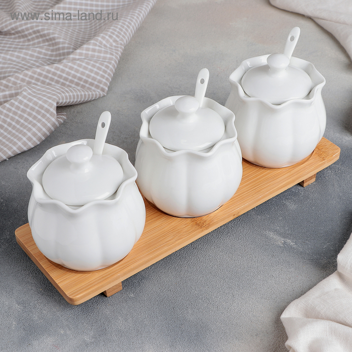 Набор банок для сыпучих продуктов «Эстет», 8,5×9,5 см, 3 ложки, на деревянной подставке, 3 шт 
Набор банок для сыпучих продуктов «Эстет», 8,5×9,5 см, 3 ложки, на деревянной подставке, 3 шт