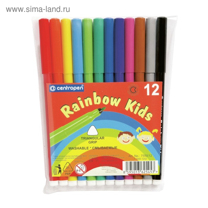 Фломастеры 12 цветов, Centropen Rainbow Kids 7550/12, пластиковая упаковка
Фломастеры 12 цветов, Centropen Rainbow Kids 7550/12, пластиковая упаковка