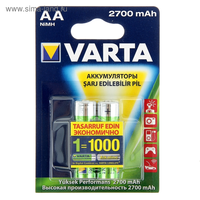 Аккумулятор Varta, Ni-Mh, AA, HR6-2BL, 1.2В, 2700 мАч, блистер, 2 шт.
Аккумулятор Varta, Ni-Mh, AA, HR6-2BL, 1.2В, 2700 мАч, блистер, 2 шт.