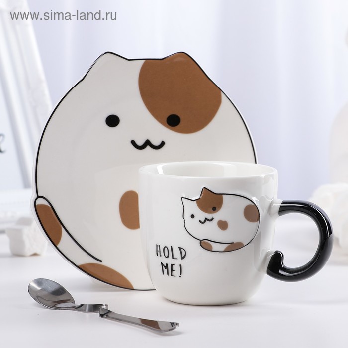 фото Чайная пара «котики» 3 предмета: чашка 200 мл, ложка, блюдце 14×13,5×1 см, рисунок микс