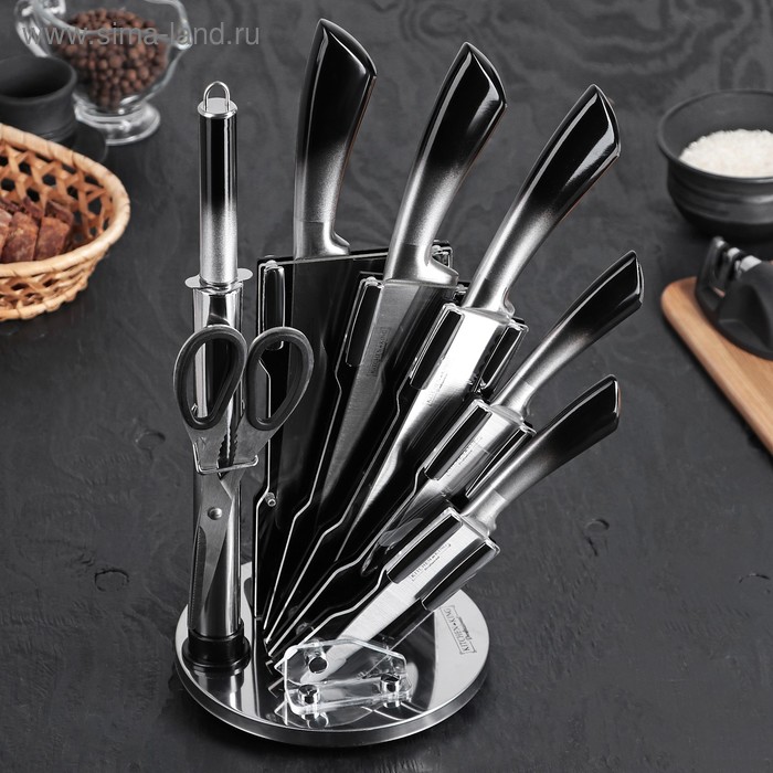 Набор ножей «Градиент», 7 предметов: 5 ножей, лезвие 8,5 см, 11,5 см, 16,5 см, 20 см, 20 см, мусат, ножницы, цвет чёрный
Набор ножей «Градиент», 7 предметов: 5 ножей, лезвие 8,5 см, 11,5 см, 16,5 см, 20 см, 20 см, мусат, ножницы, цвет чёрный