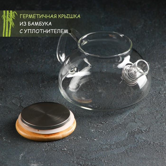 фото Чайник стеклянный заварочный с бамбуковой крышкой и металлическим фильтром magistro «эко», 600 мл