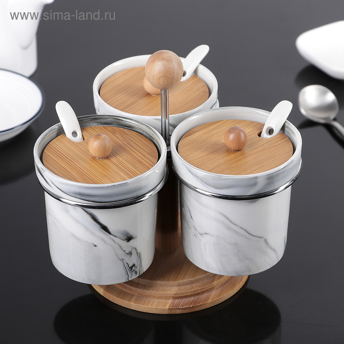 фото Набор банок для специй «эстет.мрамор», 3 предмета, с ложками, на деревянной подставке