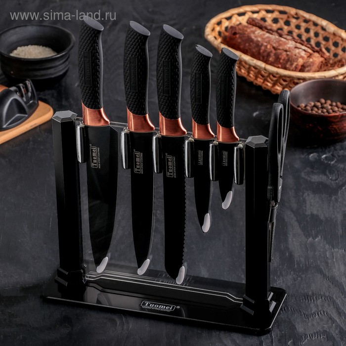 Набор кухонный на подставке, 6 предметов: 5 ножей, лезвие 20 см, 24 см, 32 см, 32 см, 32,5 см, ножницы, цвет чёрный
Набор кухонный на подставке, 6 предметов: 5 ножей, лезвие 20 см, 24 см, 32 см, 32 см, 32,5 см, ножницы, цвет чёрный