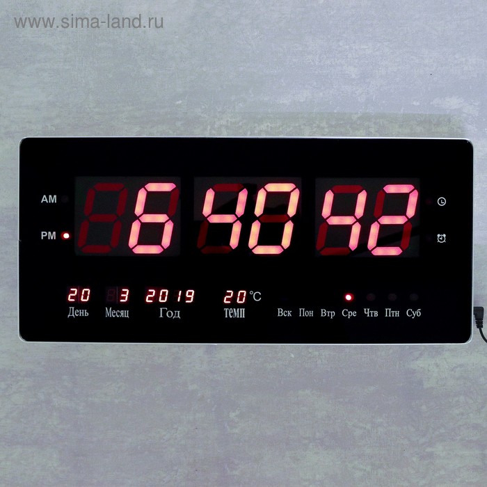 фото Часы настенные электронные, с термометром и календарём, красные цифры, 48х19х3 см