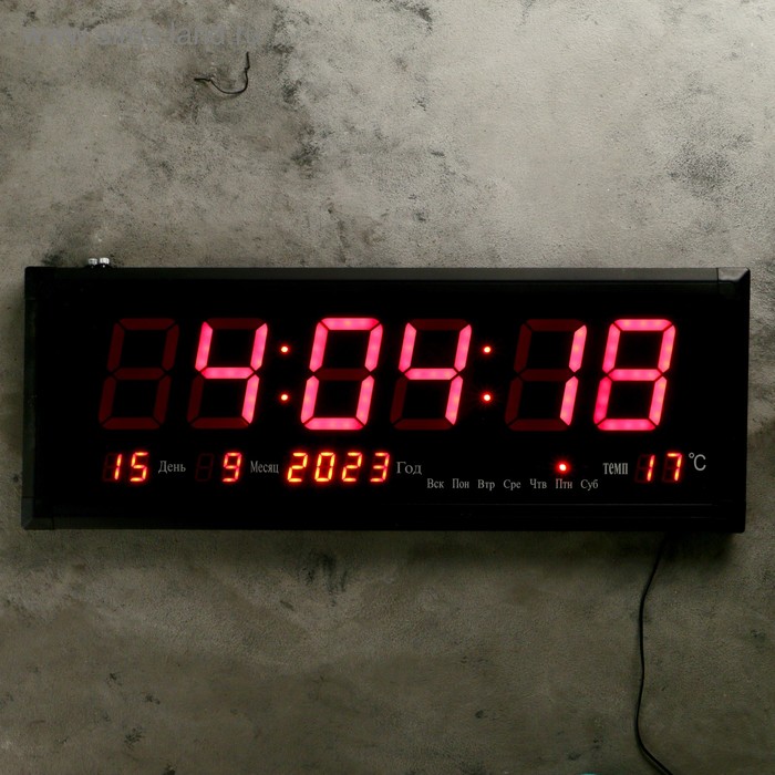 фото Часы настенные электронные, с термометром и календарём, красные цифры, 64х24х3 см