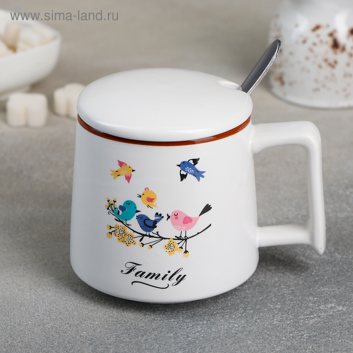 Кружка «Птичья песня», 380 мл, с керамической крышкой и ложкой, цвет МИКС 
Кружка «Птичья песня», 380 мл, с керамической крышкой и ложкой, цвет МИКС