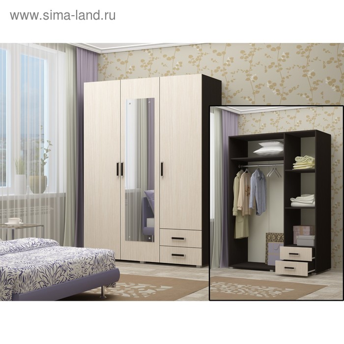 Шкаф 3-х ств с зеркалом, 1370х2000х510, Дуб молочный/Венге
Шкаф 3-х ств с зеркалом, 1370х2000х510, Дуб молочный/Венге